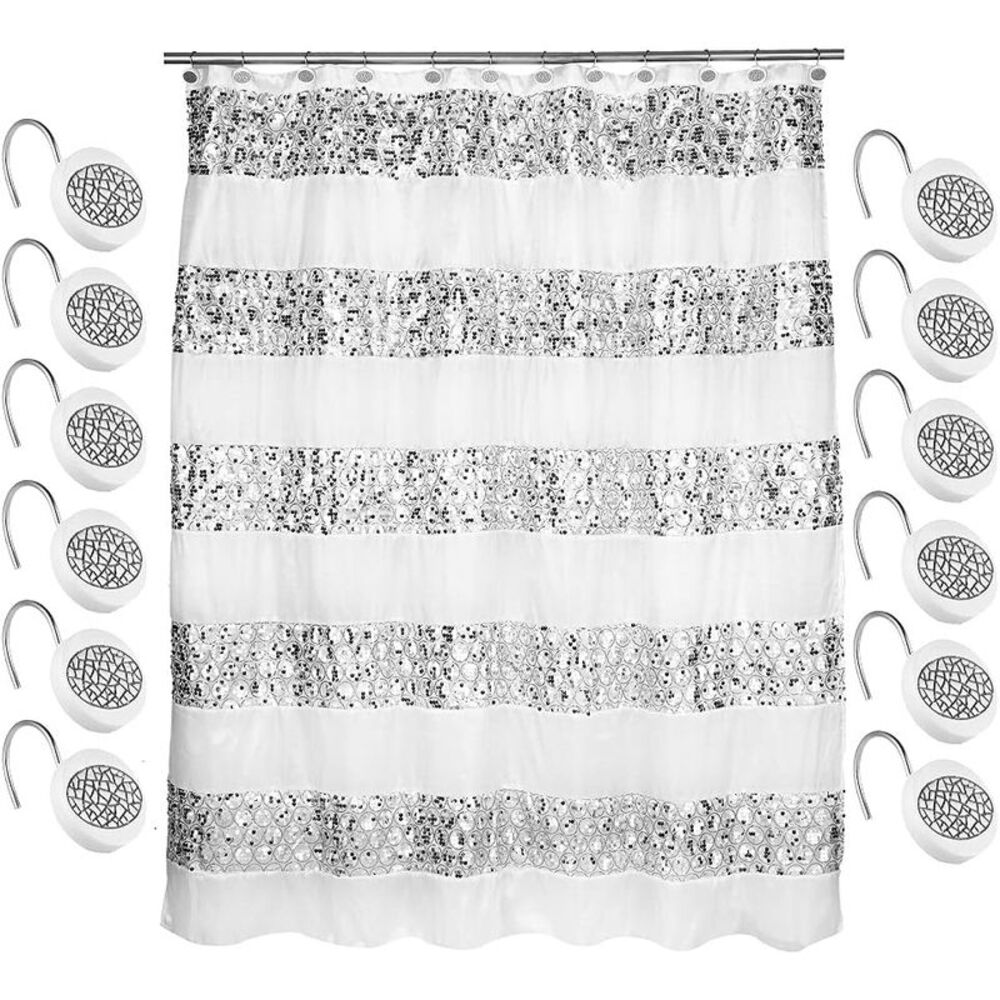 Popular Bath Sinatra Bath Set, Shower Curtain with 12 Shower Hooks, White